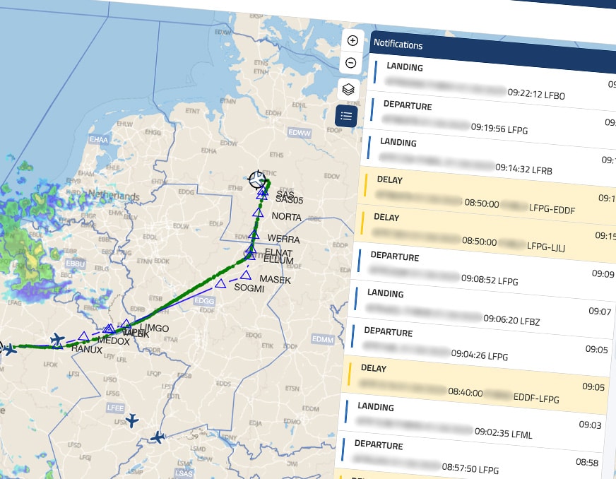 OpsControl notification panel showing flight tracking updates, including start, end, and safe landing notifications on a map background.
