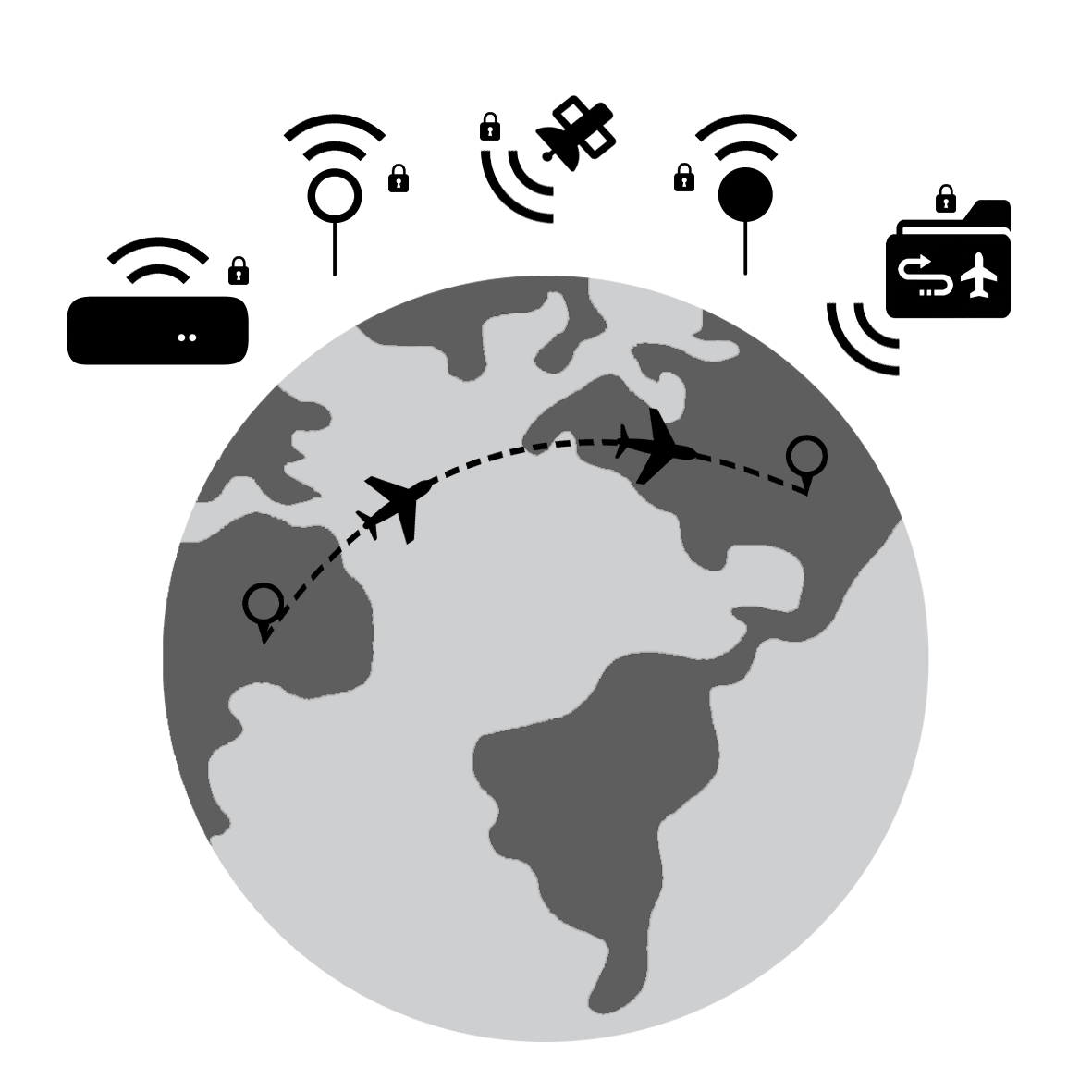 Illustration of global flight routes connected through secure data and communication sources.
